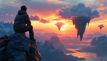 Wall Mural - Contemplative figure on rocky summit admiring ethereal floating islands in a surreal dreamscape during a vibrant sunset