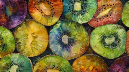 This image features an array of vividly colored circular fruit slices, including kiwi, showcasing a spectrum of colors with a visually striking and artistic arrangement.