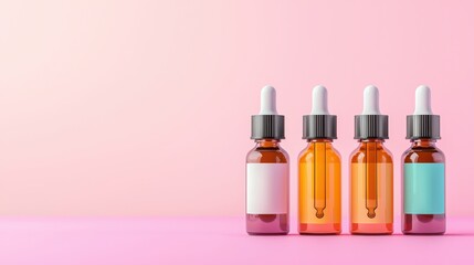 Illustrated focus on a row of dropper bottles with natural medicine inside, isolated on a pastel background with space for additional design elements