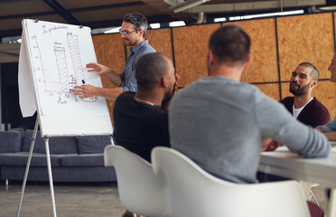 Poster - Seminar, whiteboard and man in office for feedback, productivity and positive reinforcement. Small business, leader and happy people in boardroom for presentation with graph for performance review