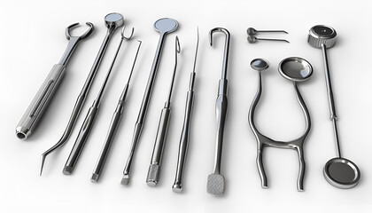 Flat lay of medical steel equipment tools for surgery or dentistry