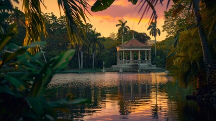 Wall Mural - Serene Sunset Over a Tranquil Lake Surrounded by Lush Palm Trees and a Charming Gazebo