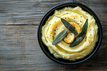 Wall Mural - Brown Butter Mashed Potatoes with crispy fried sage leaves in black bowl on rustic wooden table, horizontal view from above, flat lay, free space