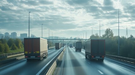 Wall Mural - Busy Urban Freeway with Trucks and Skyscrapers in the Background