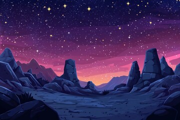 Fototapete - Whimsical Pixelated Night Sky in Retro Game Night Setting with Minimal Ground Textures - Surreal Manipulation Effect for Copy Space