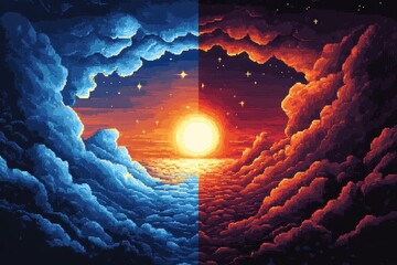 Fototapete - Pixel Sun and Stars: Retro Video Game Split Day and Night in Vibrant Fusion Finish