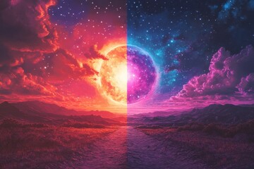 Fototapete - Retro Video Game Split Day and Night with Pixel Sun and Stars in Vibrant Fusion Finish, Copy Space | Game World Concept Art
