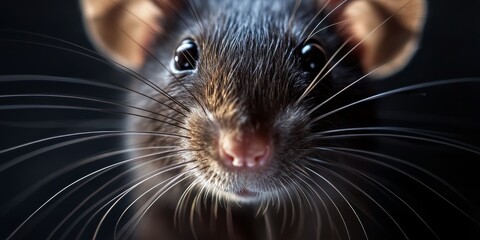 Dramatic ultra-close macro shot of a rat's head with bold lighting and whiskers