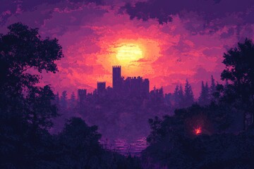 Wall Mural - Vibrant Fusion Fantasy Landscape with Simplified Castle Silhouette, Pixelated Trees, and Wildlife for Adventure Game Design, Copy Space Included