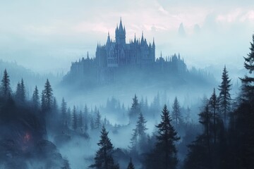 Wall Mural - Enchanted Pixelated Castle on Hilltop in Ethereal Fantasy Forest - Peaceful Adventure Game Scene with Copy Space