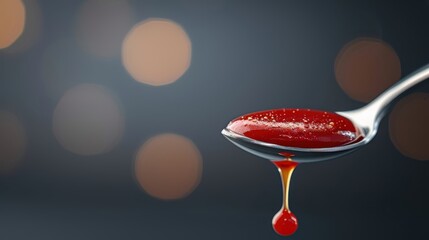 A close-up of a single drop of hot sauce on a spoon.