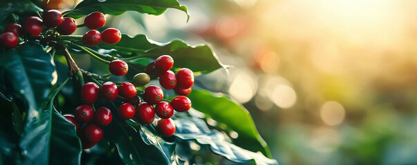 Banner close-up coffee plant farm. Panorama Ripe Red berries plant fresh seed coffee tree growth green farm. red bean seed robusta arabica