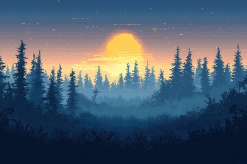 Wall Mural - Pixelated Forest Adventure - Whimsical Day and Night Scene in Retro Game Style with Wildlife and Copy Space