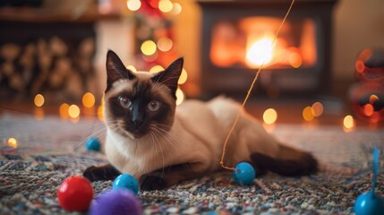 A playful cat enjoying colorful toys by the cozy fireplace in a warm, festive atmosphere perfect for the holiday season.