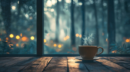 Coffee cup on a wooden table during breakfast