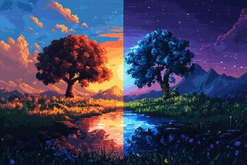 Wall Mural - Serene Day and Night Pixel Split with Wildlife and Trees in Surreal Adventure Game Setting