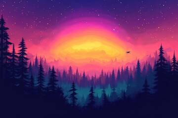 Wall Mural - Pixel Rainbow in Tranquil 8-Bit Landscape with Forest Wildlife - Ethereal Blend Mode Finish Setting with Copy Space