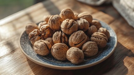 Wall Mural - Close Up of Walnuts on a Blue and White Plate