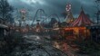 © MINMIN - A deserted and eerie amusement park, shrouded in a gloomy atmosphere, with overgrown pathways and dilapidated rides.