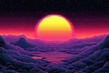 Fototapete - Vibrant Pixelated Retro Video Game Scene with Minimalist Clouds and Copy Space