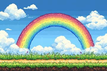 Wall Mural - Pixelated 8-Bit Rainbow Arch with Whimsical Blend Mode Effect on Pixel Ground - Copy Space Available \