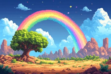 Fototapete - Whimsical 8-Bit Style Rainbow Arching Over Pixelated Ground with Copy Space in Blend Mode Effect