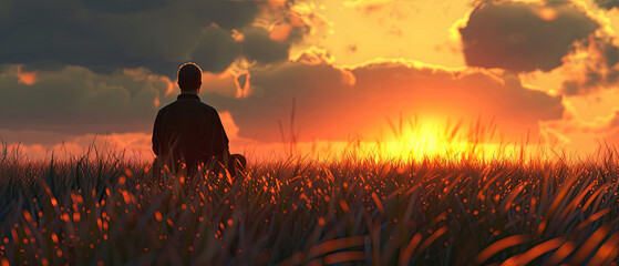 Wall Mural - A man is sitting in a field of tall grass, watching the sun set