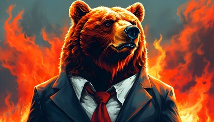 Wall Mural - Dynamic Bear in Business Suit Surrounded by Fiery Elements Representing Strength and Professionalism in a Striking Animal Illustration