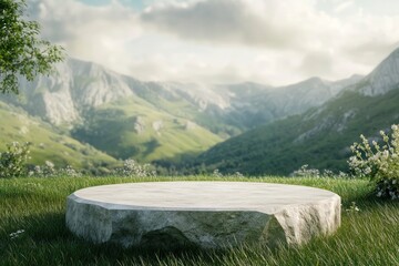 Wall Mural - Abstract 3d render platform and mockup natural background, Stone podium on the grass field backdrop meadow mountain for product stand display, advertising or etc , ai