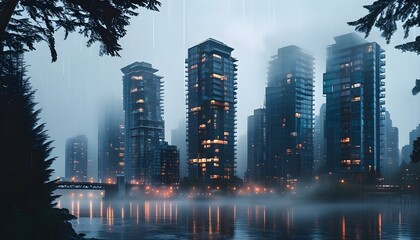 Canvas Print - Misty Urban Symphony of Vancouver High-Rises in Rain, Capturing Modern Architecture and Rhythm