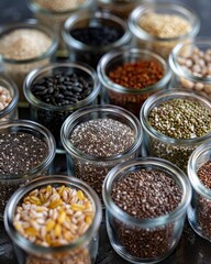 A variety of seeds and grains in small glass jars, arranged in a grid pattern.  The jars are on a dark background.