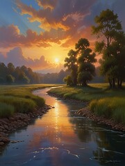 Wall Mural - sunset over the river