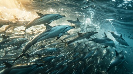 Breathtaking dolphins swimming in a vibrant ocean scene, showcasing nature’s beauty and marine life in action.