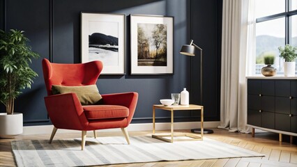 Wall Mural - Scandinavian interior design of modern living room with accent red armchair and frame on wall.
