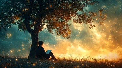 Man Reading Book Underneath Tree with Magic Lights