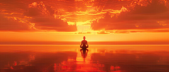 A person is meditating on a beach at sunset