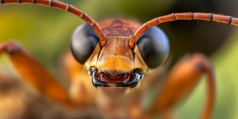 Macro shot of a bug’s head showcasing its antennae and large compound eyes in detailed focus