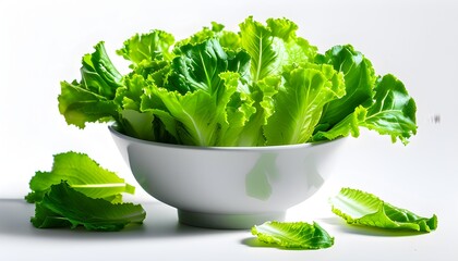 Vibrant green lettuce leaves elegantly arranged in a bowl against a clean white backdrop