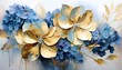 © michaswelt - abstract floral oil painting gold and blue hydrangea flower on white background