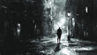 © Mary Salen - Abstract single person silhouette in black and white noir street scene watercolor charcoal light shadows negative space copy space mental health illness depression out of darkness loneliness concepts