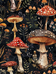 Mushrooms illustration cottage core 70s retro style psychedelic nature art on black background meditation room decor micro dose spiritual mystical hippie style