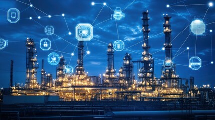 Futuristic Industrial Landscape: Oil Refinery at Night with Technological Overlays