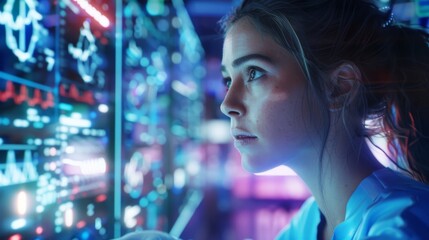 Focused woman examining digital data on futuristic screens in a vibrant tech environment. Insightful analysis and innovation.