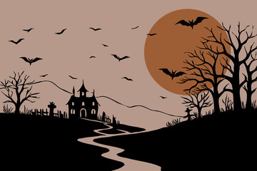 Wall Mural - Halloween Landscape. Horizontal minimalist background for printing on wall decorations. Halloween banner, party invitation.