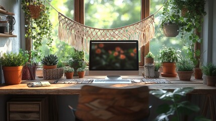 Wall Mural - Cozy Home Office with Plants and Natural Light