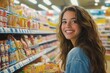 © Aekkachai - Smiling young woman shopping in a supermarket aisle, holding groceries. Bright and lively shopping experience.