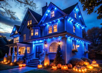 * Modern ghostly Halloween house exterior decoration inspiration with eerie blue lights