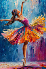 Wall Mural - Oil painting ballerina in a colorful dress dancing on stage. 