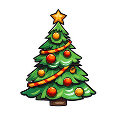 A colorful sticker cartoon Christmas tree decorated with ornaments and presents, transparant png