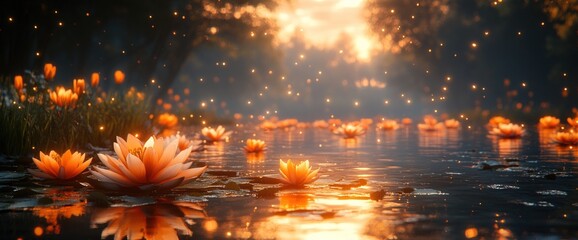 Wall Mural - Water lilies bloom in a serene lake at sunset, with fireflies illuminating the air.